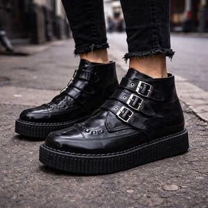 TUK Ankle Boots Mens 8 Black Leather Buckle Creeper Platform Pointed Toe